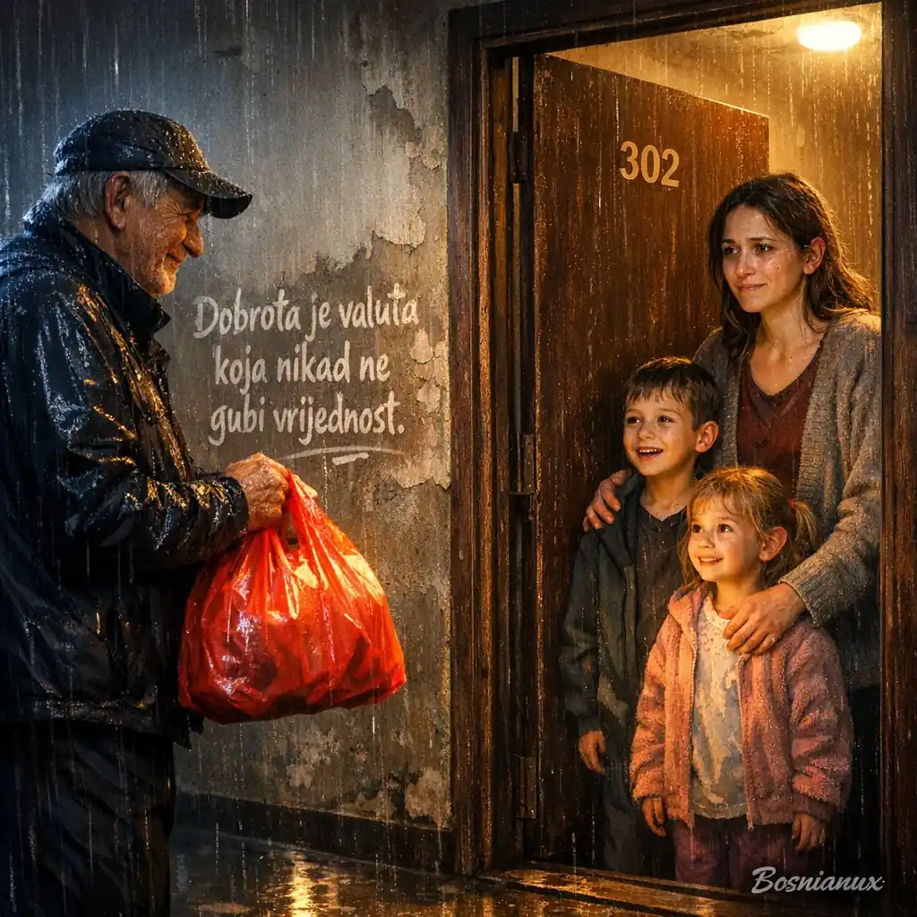 Dostavljač brze hrane poklanja paket jednoj tročlanoj porodici.