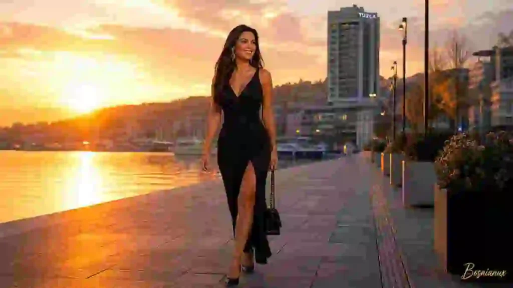 Moderna žena,elegantno odjevena u šetnji pored obale