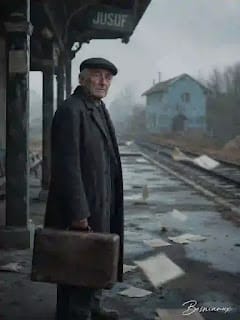 Ilustracija čovjek sa koferom na željezničkoj stanici.