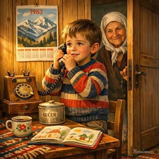 Dječak na starom fiksnom telefonu