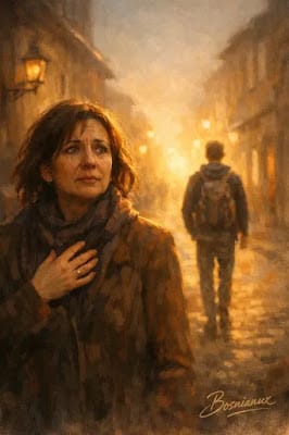 Ilustracija majke,iza njenih leđa silueta njenog sina.