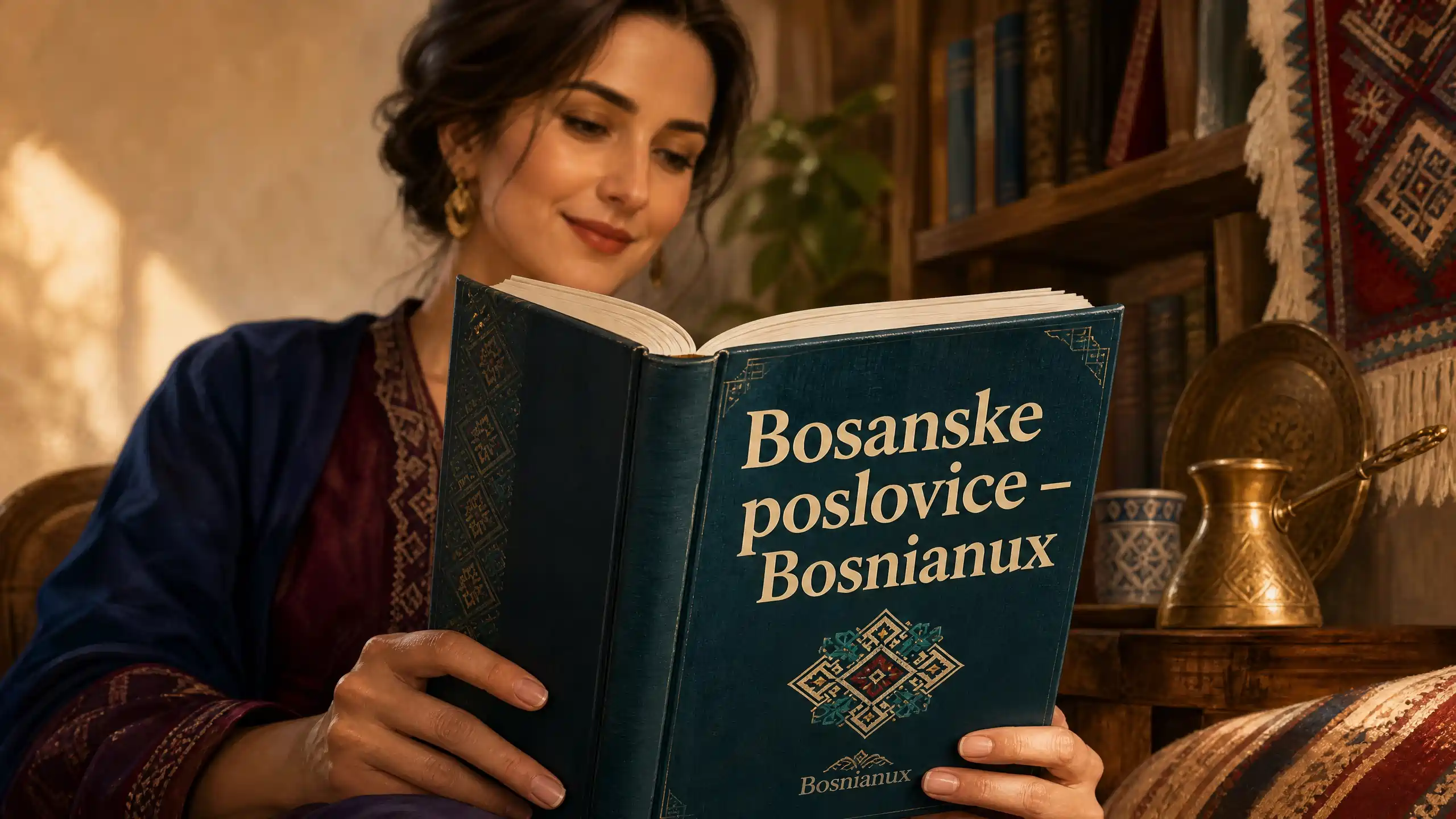 Ilustracija žene koja čita knjigu „Bosanske poslovice – Bosnianux“ u toplom, tradicionalno uređenom enterijeru; knjiga s jasno vidljivim naslovom nalazi se u krupnom planu, uz police s knjigama, bosanski ćilim i džezvu u pozadini.