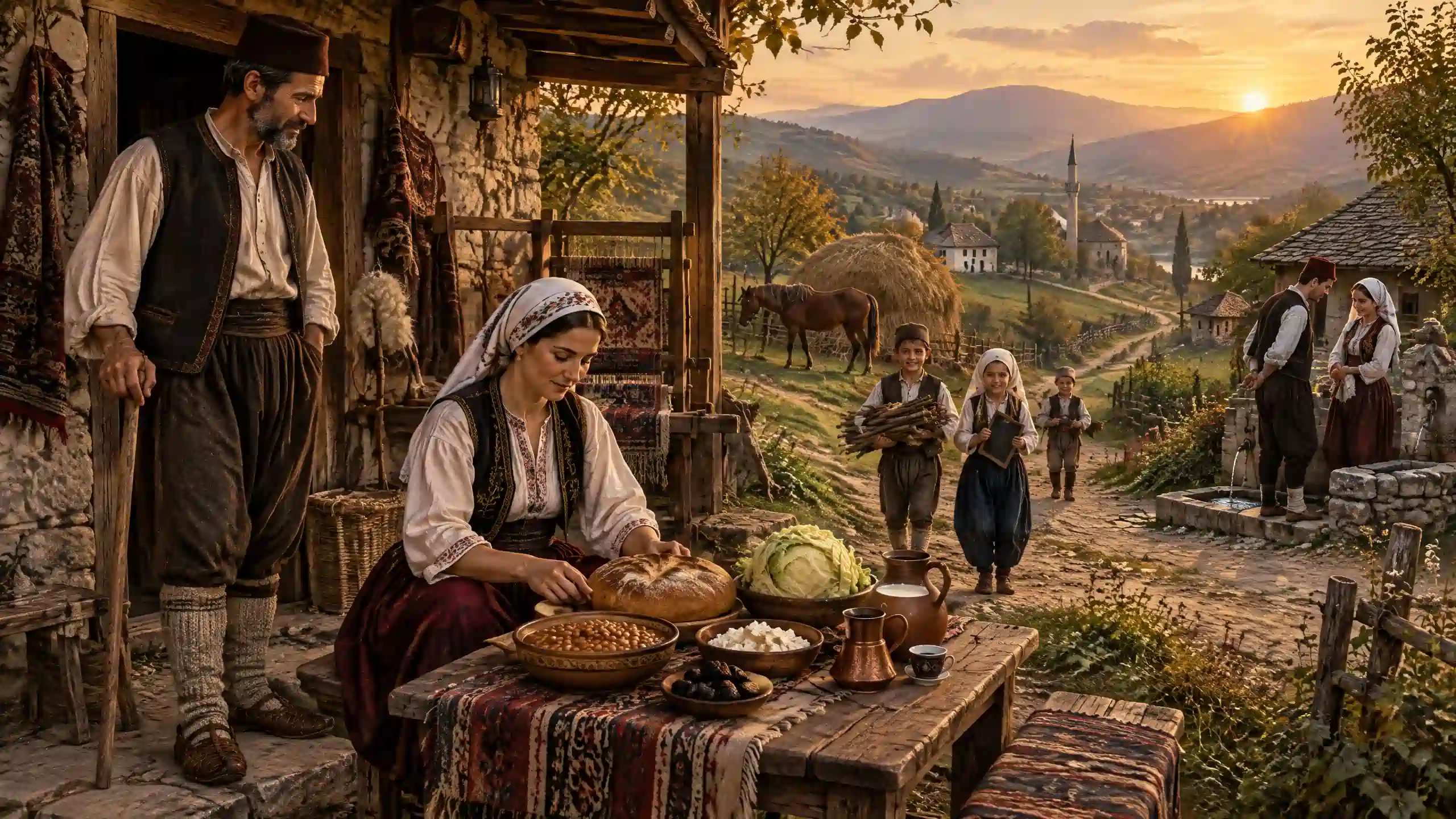 Ilustracija seoskog života u Bosni oko 1900. godine: Hasan u tradicionalnoj odjeći stoji ispred kamene kuće, dok Fatima priprema hljeb, grah, sir i kahvu; u pozadini se vide djeca, polja, konj, ručni radovi i mladi par kod seoske česme.