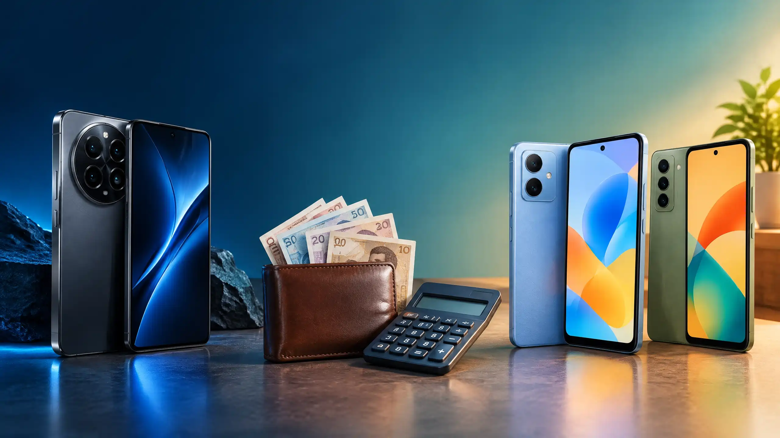 Ilustracija poređenja skupog premium telefona i povoljnijih telefona srednje klase, uz novčanik s konvertibilnim markama i kalkulator koji simbolizuju porodični budžet i pametan izbor uređaja.