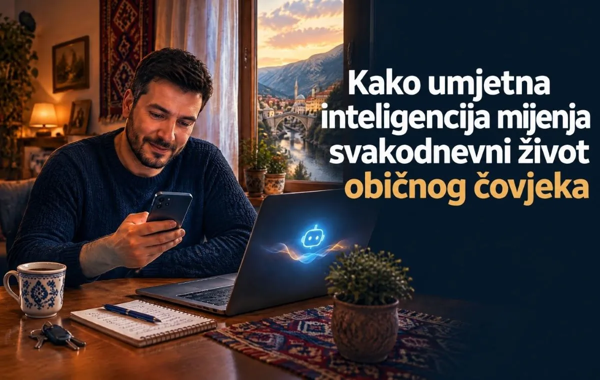 Kako umjetna inteligencija mijenja svakodnevni život običnog čovjeka – muškarac koristi pametni telefon i laptop u svom domu.